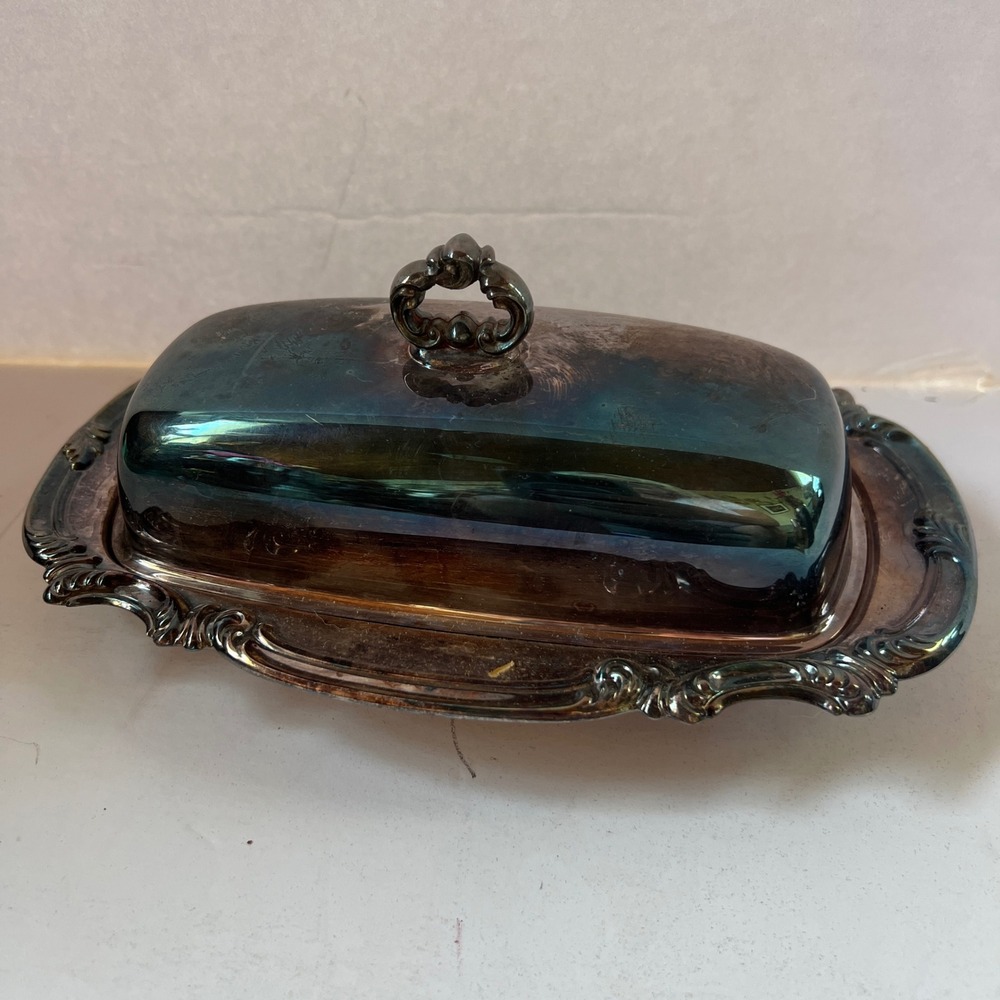 Gorham Silverplate Butter Dish with Glass Liner YC1760 Ornate Scroll Design
